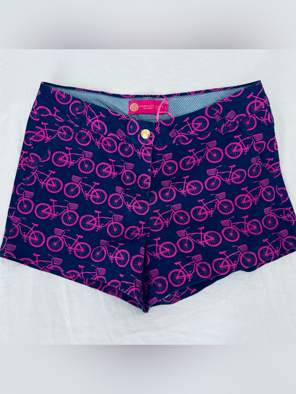 Macbeth Collection by Margaret Josephs Navy Pink Bicycle Print Shorts Size L EUC